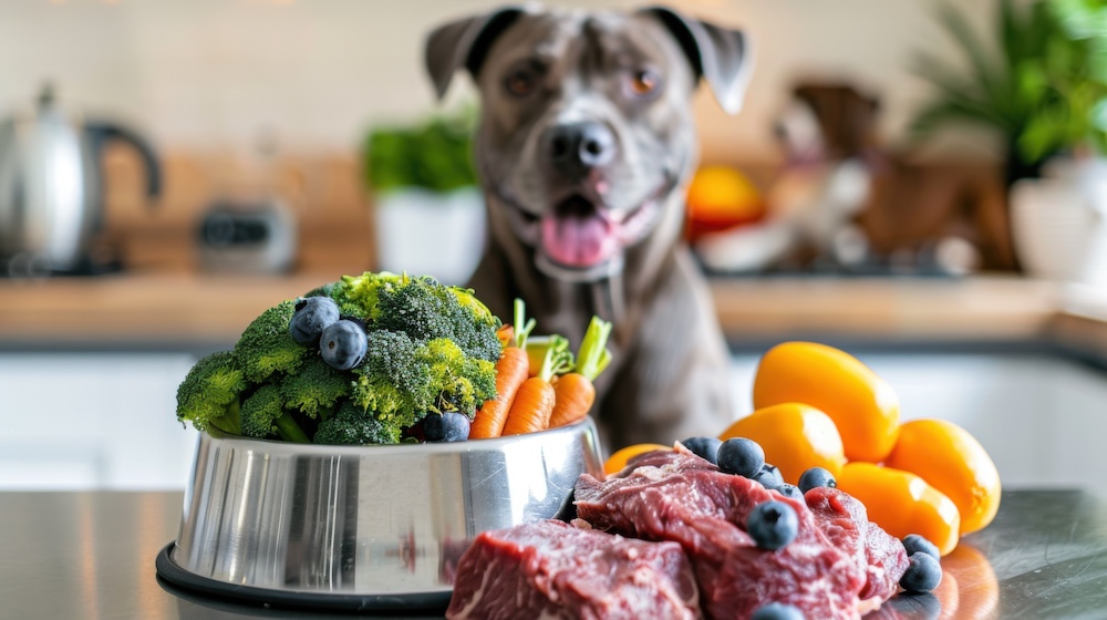 Variety of dog food options including kibble, wet, and raw meals